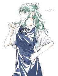  1girl absurdres alternate_costume apron black_bow black_bowtie blue_apron bow bowtie breasts collared_shirt commentary_request cowboy_shot fingernails green_eyes green_hair green_nails hand_on_own_hip hand_up hatsune_miku highres long_hair looking_at_viewer nail_polish parted_lips partially_colored profile project_sekai romaji_text sa_tsuko shirt sidelocks sideways_glance small_breasts solo twintails upper_body vivid_bad_squad_miku vocaloid white_background white_shirt 