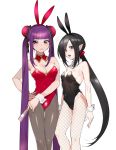  2girls absurdly_long_hair animal_ears bangs bare_shoulders black_hair blue_eyes blunt_bangs breasts brown_eyes bun_cover cleavage covered_navel detached_collar double_bun eyebrows_visible_through_hair fake_animal_ears fan fishnet_pantyhose fishnets folding_fan gluteal_fold grey_legwear hair_ornament highres lady_bat lanhua large_breasts leotard long_hair looking_at_viewer low_ponytail mermaid_melody_pichi_pichi_pitch multiple_girls open_mouth pantyhose parted_lips playboy_bunny_leotard pointy_ears purple_hair rabbit_ears simple_background small_breasts twintails very_long_hair white_background wntame wrist_cuffs 