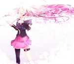  1girl black_legwear braid choker closed_eyes detached_sleeves hand_on_own_chest ia_(vocaloid) long_hair mismatched_legwear music off_shoulder open_mouth pink_hair pink_skirt pleated_skirt singing single_thighhigh skirt solo thigh-highs thigh_strap thighlet twin_braids very_long_hair vocaloid wind wind_lift 