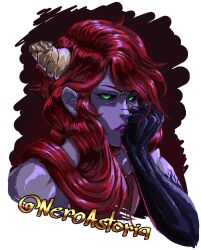  1girl alz'ein_(dragonfable) artix_entertainment black_sclera broken_horn colored_sclera colored_skin commentary dragonfable english_commentary green_eyes grumpy hand_on_own_face horns neroastoria purple_skin red_background red_hair single_horn twitter_username white_background 