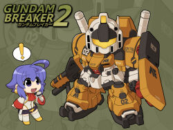  ! 1girl ahoge arm_shield ascot beam_rifle blue_eyes blue_hair chibi copyright_name earrings energy_gun event_mc_(gundam_breaker_2) fang full_body geara_doga gm_(mobile_suit) gun gundam_breaker gundam_breaker_2 gundam_gp-02_physalis highleg highleg_leotard holding holding_gun holding_microphone holding_weapon jacket jewelry leotard long_sleeves mecha mecha_focus microphone mobile_suit open_clothes open_jacket open_mouth original red_ascot redesign robot shield shoes sleeves_past_wrists smile speech_bubble spoken_exclamation_mark standing strike_gundam thigh-highs weapon white_jacket white_leotard white_thighhighs yellow_shoes yuichirou zoom_layer zz_gundam 