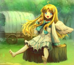  1girl :d ahoge arm_support artist_name barefoot barrel bird_girl bird_wings blonde_hair blue_bow blue_dress blue_eyes bow chest_bow child commentary covered_wagon day dress english_commentary feathered_wings filo_(tate_no_yuusha_no_nariagari) food forest fruit hair_ornament hand_up highres holding holding_food holding_fruit kirakipeachy long_hair long_sidelocks long_sleeves looking_at_viewer medium_dress nature on_tree_stump open_mouth outdoors parted_bangs sidelocks sitting smile solo straight_hair tate_no_yuusha_no_nariagari two-tone_dress watermark white_dress white_wings wide_sleeves wing_hair_ornament wings 