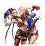  2girls blonde_hair blue_hair braid cigarette crossover dc_comics eyeshadow fishnet_pantyhose fishnets forced gloves gun hair_pull harley_quinn highres jacket jinx_(league_of_legends) kim_eul_bong league_of_legends lipstick_mark long_hair makeup middle_finger midriff multicolored_hair multiple_girls navel pantyhose pink_eyes suicide_squad tattoo thigh-highs twin_braids twintails very_long_hair weapon yuri 