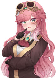 1girl absurdres aivy_lovencraft fanart goggles goggles_on_head green_eyes highres indie_virtual_youtuber long_hair monochrome monocle pink_hair shironagase smile virtual_youtuber vtuber vtuberfanart