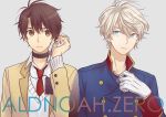  2boys akuta_michi aldnoah.zero bangs blonde_hair brown_eyes brown_hair copyright_name double-breasted earphones eyebrows_visible_through_hair gloves green_eyes grey_background hair_between_eyes hand_up holding image_sample jewelry kaizuka_inaho long_sleeves looking_at_another looking_at_viewer male_focus military military_uniform multiple_boys necklace necktie parted_lips pixiv_sample red_necktie school_uniform short_hair silver_hair simple_background slaine_troyard sweater_vest uniform upper_body white_gloves 