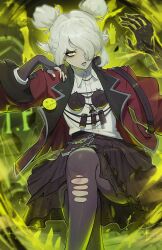  1girl absurdres blazer commentary deadlock_(game) double_bun fingerless_gloves gloves goth_fashion graves_(deadlock) green_eyes hair_bun hair_over_one_eye highres jacket jewelry ryairyai school_uniform severed_hand shirt solo tombstone yellow_eyes 