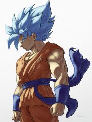  1boy absurdres blue_eyes blue_hair blue_sash blue_wrist_cuffs cowboy_shot dougi dragon_ball dragon_ball_super dragon_ball_z dragon_ball_z_fukkatsu_no_f highres male_focus muscular muscular_male orange_pants orange_tunic pants sash simple_background solo son_goku spiky_hair super_saiyan super_saiyan_blue sydoria tunic white_background wrist_cuffs 