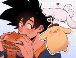  1boy :3 black_eyes black_hair burger cinnamoroll commentary dragon_ball dragon_ball_z eating fang food food_on_face fuwa_fuwa_cinnamoroll grid_background heart highres holding holding_burger holding_food holitreee looking_to_the_side male_focus open_mouth outline pompompurin portrait sanrio short_hair smile son_goku spiky_hair white_outline wristband 