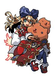  1girl ankle_boots aruma_(shinrabanshou) blonde_hair blue_bow blue_pantyhose boots bow capybara capybara-san crossover dress dress_bow gold_trim green_eyes hair_bow harakawa_mitsuhiro highres long_hair official_art open_mouth pantyhose red_dress shinrabanshou third-party_source transparent_background white_bow wings 