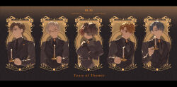 1girl 4boys absurdres artem_wing_(tears_of_themis) artist_name black_bow black_bowtie black_dress black_gloves black_necktie black_shirt black_vest blue_eyes bow bowtie brown_eyes brown_hair candle candlestand closed_mouth collared_shirt commentary_request copyright_name dress earrings formal_clothes glasses gloves green_eyes hair_bun highres holding jewelry koeda_(k83_4) long_sleeves luke_pearce_(tears_of_themis) marius_von_hagen_(tears_of_themis) multiple_boys necktie puffy_sleeves purple_hair revision rosa_(tears_of_themis) shirt short_hair single_hair_bun smile tears_of_themis upper_body veil vest violet_eyes vyn_richter_(tears_of_themis) white_hair yellow_eyes 