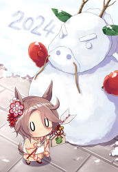  0_0 1girl 2024 animal_ears arrow_(projectile) bell blush brown_hair chinese_zodiac commentary_request day ema floral_print hair_between_eyes hamaya highres holding holding_arrow horse_ears horse_girl horse_tail japanese_clothes jingle_bell kimono mittens narita_taishin_(umamusume) odawara_hakone outdoors parted_bangs print_kimono red_mittens red_sandals sandals snow snowman solo standing tail umamusume year_of_the_dragon yellow_kimono zouri 