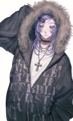  1boy alternate_costume alternate_hairstyle arm_up black_nails chain chain_necklace choker closed_mouth commentary cross cross_necklace fur-trimmed_jacket fur_trim grey_jacket hair_ornament hairclip highres hood hood_up hoshirube_sho jacket jewelry long_sleeves looking_at_viewer male_focus medium_hair multicolored_hair necklace nijisanji print_jacket punk purple_hair side_part simple_background solo spiked_choker spikes streaked_hair upper_body usari_05011 violet_eyes virtual_youtuber white_background 
