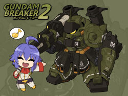 1girl ^_^ ahoge arm_shield ascot beam_cannon blue_hair camouflage chibi closed_eyes copyright_name duel_gundam earrings eighth_note event_mc_(gundam_breaker_2) fang full_body geara_doga gm_command gundam_breaker gundam_breaker_2 highleg highleg_leotard holding holding_microphone jacket jewelry kampfer_(mobile_suit) leotard long_sleeves mecha microphone mobile_suit musical_note one-eyed open_clothes open_jacket open_mouth original red_ascot redesign robot shield shoes shoulder_spikes sleeves_past_wrists smile speech_bubble spikes spoken_musical_note standing the_o_(mobile_suit) thigh-highs white_jacket white_leotard white_thighhighs yellow_eyes yellow_shoes yuichirou zaku_ii zoom_layer 