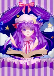 1girl abi_(kabe) absurdres book character_name chinese_commentary commentary_request crescent crescent_hat_ornament dress hat hat_ornament highres holding holding_book long_hair mixed-language_commentary monocle neck_ribbon open_mouth pages patchouli_knowledge pink_dress pink_hat purple_hair red_ribbon ribbon solo star_(symbol) striped_clothes striped_dress touhou vertical-striped_clothes vertical-striped_dress violet_eyes 