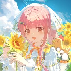  1girl apple_hair_ornament basket blue_sky blunt_bangs bow brooch brown_eyes character_hair_ornament chinese_commentary clouds commentary_request commission country_lolita day dot_nose dress egg eyelashes field floral_print flower flower_brooch flower_field food-themed_hair_ornament frilled_sleeves frills hair_ornament hairclip happy headscarf highres holding holding_flower infinity_nikki jewelry junimo layered_sleeves light_blush light_particles lolita_fashion long_hair long_sidelocks long_sleeves looking_at_viewer loose_hair_strand low_twintails nikki_(nikki) nikki_(series) open_mouth orange_scarf outdoors pinafore_dress pink_hair pleated_sleeves print_scarf procreate_(medium) puffy_long_sleeves puffy_sleeves sample_watermark scarf shirt short_over_long_sleeves short_sleeves shoulder_bow sidelocks sky sleeveless sleeveless_dress smile solo stardew_valley stardew_valley_encounter_(infinity_nikki) striped_clothes striped_scarf stuffed_chicken sunflower sunflower_field tareme teeth tonggu_ali twintails upper_body upper_teeth_only very_long_hair watermark wavy_hair white_headscarf white_shirt yellow_bow yellow_dress yellow_flower 