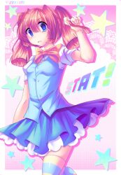  1girl 2000s_(style) arm_up artist_name blue_eyes blue_skirt blue_thighhighs blue_vest blunt_bangs blunt_ends bow bowtie breasts buttons character_name colorful commentary cowboy_shot english_commentary faux_retro_artstyle frilled_skirt frills highres light_blush looking_at_viewer multicolored_thighhighs noelle_(snowcoldgrave) open_mouth orange_bow orange_bowtie orange_hair pink_hair puffy_short_sleeves puffy_sleeves redrawn regretevator roblox shirt short_sleeves short_twintails skirt small_breasts solo star_(symbol) stat_(regretevator) striped_clothes striped_thighhighs thigh-highs twintails vest white_shirt yellow_bow yellow_bowtie yellow_thighhighs zettai_ryouiki 