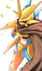  armor brown_cloak cloak digimon digimon_(creature) falling_leaves gold_armor gold_helmet highres hudie_jun leaf magnamon red_eyes standing white_background 