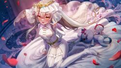  1girl :d \||/ arm_at_side belt blush boots bouquet bridal_veil bride brown_hair button_eyes buttons charlotta_skopovskaya charlotta_skopovskaya_(pure_nivesta) diamond-shaped_pupils diamond_(shape) dress dutch_angle eyelashes falling_petals floating_hair flower full_body furrowed_brow glint gold_belt gold_tiara hair_behind_ear hair_between_eyes hand_up heaven_burns_red high_heel_boots high_heels highres indoors jewelry long_dress long_hair looking_at_viewer official_alternate_costume official_art on_floor open_mouth petals red_flower red_rose ring rose rose_petals sidelocks sitting sleeves_past_wrists smile solo sparkle stuffed_animal stuffed_cat stuffed_toy symbol-shaped_pupils teeth upper_teeth_only veil very_long_hair wariza wedding_dress wedding_ring white_boots white_dress white_veil wide_sleeves 