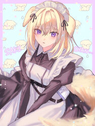  1girl animal_ears apron arknights bang_dream! bang_dream!_it's_mygo!!!!! between_legs black_dress blonde_hair blue_background border character_name collared_dress commentary_request cowboy_shot dog dog_ears dog_girl dog_tail dress frilled_apron frills hand_between_legs highres juliet_sleeves long_sleeves looking_at_viewer maid maid_apron maid_headdress medium_hair misumi_uika misumi_uika_(perro) puffy_sleeves sitting solo tail v_arms violet_eyes wasabi_(dione) white_apron 