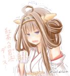  1girl ahoge blue_eyes brown_hair cup dated detached_sleeves disgust fujisaki_yuu_(faint_wistaria) hairband half-closed_eyes hand_up headgear holding holding_cup jitome kantai_collection kongou_(kantai_collection) long_hair nontraditional_miko open_mouth solo trembling twitter_username 