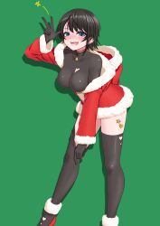  1girl absurdres bata bell black_hair black_thighhighs blue_eyes blush boots breasts collar commentary_request dress fangs fur-trimmed_boots fur-trimmed_dress fur-trimmed_hoodie fur-trimmed_jacket fur-trimmed_skirt fur-trimmed_sleeves fur_trim gloves green_background hand_up heart heart_on_chest heart_sticker highres hololive hood hoodie impossible_clothes impossible_shirt jacket looking_at_viewer medium_breasts neck_bell oozora_subaru open_mouth red_dress santa_costume santa_dress shirt short_hair simple_background skin_tight skindentation skirt smile solo star_(symbol) star_sticker sticker sticker_on_leg swept_bangs thigh-highs thighhighs_pull virtual_youtuber w 