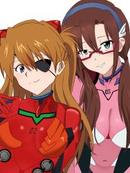  05_02_08 2girls absurdres blue_eyes brown_hair commentary_request evangelion:_3.0_you_can_(not)_redo eyepatch fang glasses highres looking_at_viewer makinami_mari_illustrious mecha_pilot_suit multiple_girls neon_genesis_evangelion orange_hair plugsuit_(evangelion) rebuild_of_evangelion red-framed_eyewear simple_background smile souryuu_asuka_langley twintails white_background 