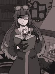 1girl absurdres aivy_lovencraft book closed_mouth fanart ghosttypeartist goggles goggles_on_head greyscale highres indie_virtual_youtuber long_hair monochrome monocle open_book reading virtual_youtuber vtuber vtuberfanart