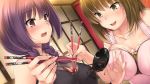  2girls :d bangs bare_arms bare_shoulders between_breasts blush bow bow_panties braid breast_press breasts brown_eyes brown_hair brown_panties charlotte_(negligee) chopsticks cleavage collarbone dutch_angle eating eyebrows_visible_through_hair eyes_visible_through_hair food food_between_breasts food_on_clothes game_cg hair_between_eyes hair_over_shoulder holding holding_chopsticks indoors kopianget large_breasts lips long_hair looking_at_another multiple_girls negligee_(game) nose_blush open_mouth panties panties_on_breasts panties_on_outside panties_over_clothes panties_over_shirt purple_hair raised_eyebrows red_eyes restaurant see-through short_hair smile sophie_(negligee) spill surprised tank_top teeth tsurime twin_braids underwear upper_body 