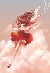  1girl artist_name ascot between_fingers bow brown_eyes brown_hair brown_shoes clouds commentary_request detached_sleeves frilled_bow frilled_hair_tubes frills full_body gasaisanae gohei hair_bow hair_tubes hakurei_reimu highres holding holding_gohei holding_ofuda long_hair mary_janes ofuda ofuda_between_fingers red_bow red_skirt ribbon-trimmed_sleeves ribbon_trim shoes skirt skirt_set socks solo touhou white_socks yellow_ascot 