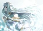  1girl bare_shoulders breasts delsaber dress fire_emblem fire_emblem:_rekka_no_ken hair_ornament hands_clasped ice interlocked_fingers long_hair ninian profile red_eyes silver_hair solo tears upper_body 