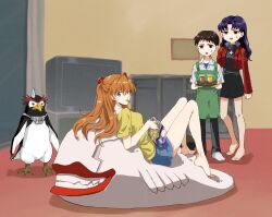  1boy 2girls angel_(evangelion) apron barefoot bird black_dress black_hair black_pants blue_eyes blue_shirt blue_shorts breasts collared_shirt cropped_jacket crt cup dress food_in_mouth full_body furrowed_brow green_apron hair_between_eyes half_updo headgear highres holding holding_tray ikari_shinji indoors jacket katsuragi_misato long_hair medium_breasts multiple_girls neon_genesis_evangelion orange_hair pants parted_bangs penguin penpen purple_hair red_jacket shirt short_dress short_hair shorts socks souryuu_asuka_langley sweatdrop tray twintails unihotate0329 white_shirt white_socks yellow_shirt 