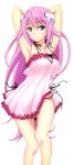  1girl armpits arms_behind_back arms_up black_panties blue_eyes breasts cleavage collarbone dress eyebrows_visible_through_hair frilled_dress frills gakusen_toshi_asterisk hair_between_eyes highres julis-alexia_von_riessfeld long_hair medium_breasts panties pink_dress pink_hair side-tie_panties smile solo transparent_background underwear very_long_hair 