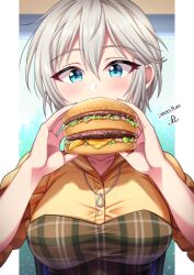  1girl anastasia_(idolmaster) blue_eyes blurry blurry_background blush breasts burger collarbone collared_shirt commentary_request dated depth_of_field eating food grey_hair hair_between_eyes hands_up highres holding holding_food idolmaster idolmaster_cinderella_girls jewelry large_breasts looking_at_viewer necklace plaid_clothes plaid_shirt shirt short_hair short_sleeves signature solo upper_body yellow_shirt yoohi 