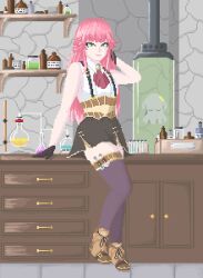 1girl absurdres aivy_lovencraft craftito fanart green_eyes highres indie_virtual_youtuber long_hair pink_hair pixel_art skirt smile standing tbeirock thighs virtual_youtuber vtuber vtuberfanart