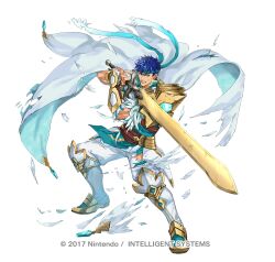  1boy armor battle_damage blue_eyes blue_hair blue_headband blue_tunic cape clenched_teeth commentary_request damaged feathers fighting_stance fingerless_gloves fire_emblem fire_emblem:_radiant_dawn fire_emblem_heroes gloves headband holding holding_sword holding_weapon ike_(fire_emblem) ike_(vanguard_legend)_(resplendent)_(fire_emblem) kuroba.k male_focus muscular muscular_male official_alternate_costume open_mouth pants popped_collar ragnell scarf short_hair simple_background solo sword teeth torn_cape torn_clothes torn_pants tunic weapon white_cape white_gloves white_pants white_scarf 
