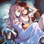  2girls bed book breasts brown_hair candle chemise cup drinking_glass drinking_straw eyeshadow food hair_ornament hair_over_one_eye hairclip indoors kagari_atsuko little_witch_academia long_hair makeup multiple_girls pale_skin pillow popcorn purple_hair red_eyes shirt short_ponytail small_breasts smile sucy_manbavaran 