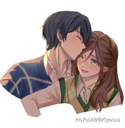  1boy 1girl ;d blue_jacket brown_hair casual closed_eyes collared_shirt commentary english_commentary green_eyes green_sweater hetero jacket kiss kissing_forehead kiyasuriin marius_von_hagen_(tears_of_themis) one_eye_closed open_mouth purple_hair rosa_(tears_of_themis) shirt simple_background smile sweater tears_of_themis upper_body white_background white_shirt 