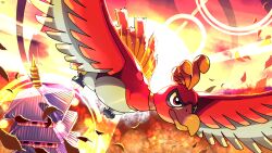  beak bell_tower_(pokemon) highres ho-oh in-universe_location leaf no_humans pokemon pokemon_(creature) pokemon_focus red_eyes solo sunset tntvale tower wings 