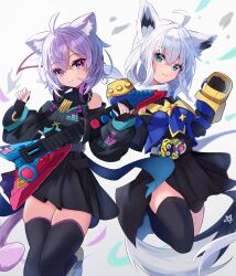 2girls absurdres ahoge animal_ear_fluff animal_ears aqua_eyes beat_axe black_skirt black_thighhighs blush breasts cat_ears cat_girl cat_tail closed_mouth commentary_request electric_guitar fingernails fox_ears fox_girl fox_tail grey_background guitar hair_between_eyes highres holding holding_guitar holding_instrument hololive instrument kamen_rider kamen_rider_geats kamen_rider_geats_(monster_form) kamen_rider_geats_(series) kamen_rider_na-go looking_at_viewer medium_breasts multiple_girls nail_polish nekomata_okayu pentagram purple_hair purple_nails raise_buckle shirakami_fubuki single_thighhigh skirt smile soma443 tail thigh-highs violet_eyes white_hair