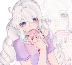  2girls blue_eyes bra_strap commentary drill_hair elysia_(hi_love_elf)_(honkai_impact) elysia_(honkai_impact) hashtag-only_commentary highres holding holding_mini_person honkai_(series) honkai_impact_3rd kiana_kaslana long_hair mini_person minigirl multiple_girls nanakoio pink_hair pointy_ears purple_shirt shirt twin_drills white_hair zoom_layer 