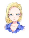  1girl android_18 blonde_hair blue_eyes breasts cleavage dragon_ball dragonball_z earrings face highres jewelry looking_at_viewer nene_(ayknjapan) short_hair solo 