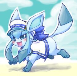  blue_eyes blush clothed_pokemon commentary_request fang glaceon glaceon_(summer_sailor) happy hat no_humans nyanta_(phantmail8) open_mouth pokemon pokemon_(creature) pokemon_cafe_remix pokemon_focus running sailor_hat shadow smile solo 