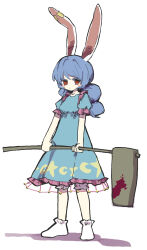  1girl absurdres animal_ears bloomers blue_dress blue_hair blush braid dress frills frown full_body highres holding holding_mallet kine long_hair looking_at_viewer mallet rabbit_ears rabbit_girl red_eyes seiran_(touhou) short_sleeves socks solo standing the_okashi touhou twin_braids white_socks 