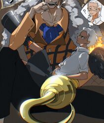  2boys ? arrrrrrrrrrrow ascot black_hair black_shorts black_wings blue_ascot cigarette coat coat_on_shoulders collarbone commentary crocodile_(one_piece) dark-skinned_male dark_skin dracule_mihawk feathered_wings fire fur-trimmed_coat fur_trim highres hook_hand multiple_boys on_lap one_piece orange_shirt scar scar_on_face seraphim_(one_piece) shirt short_hair shorts sitting untranslatable_commentary white_hair white_shirt wing_collar wings 