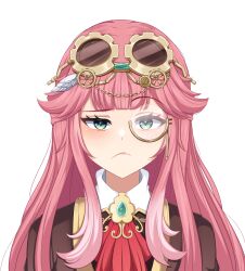 1girl absurdres aivy_lovencraft fanart goggles goggles_on_head green_eyes highres indie_virtual_youtuber june_176 long_hair monocle pink_hair virtual_youtuber vtuber vtuberfanart white_background