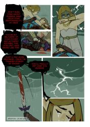  1boy 1girl artist_name bare_shoulders blonde_hair blood blood_on_weapon champion's_tunic_(zelda) clouds colored_text_highlight commentary couple crying crying_with_eyes_open dark_cloud dress earrings electricity english_text girl_on_top hetero highres holding holding_another's_arm holding_sword holding_weapon jewelry lightning link long_hair pointy_ears princess_zelda pyonteo rain sad sidelocks speech_bubble sword tears the_legend_of_zelda the_legend_of_zelda:_breath_of_the_wild the_legend_of_zelda:_tears_of_the_kingdom upper_body weapon white_dress wooden_sword 