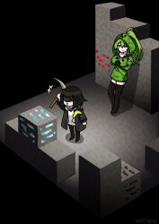  2girls absurdres arknights arknights:_endfield black_hair black_jacket black_thighhighs commentary creeper crossed_arms endministrator_(arknights) english_commentary eye_mask female_endministrator_(arknights) fluorite_(arknights) green_hair green_hoodie highres holding holding_pickaxe hood hoodie jacket mask minecraft multiple_girls open_clothes open_jacket pickaxe ponytail shadow shirt smile standing thigh-highs white_shirt who_808 