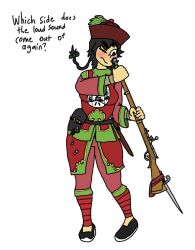  antique_firearm chinese_empire english_text firelock flintlock gun highres light_blush looking_down_barrel_of_gun one_eye_closed original ponytail qing_dynasty shengongfuti soldier weapon 