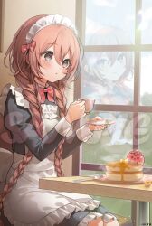  1girl amayui_moka apron bow braid cake cup different_reflection food fork grey_eyes hair_between_eyes highres holding holding_cup holding_plate kaisake_(utp) long_hair long_sleeves maid maid_apron maid_headdress official_art parted_lips pink_bow pink_hair plate reflection sample_watermark second-party_source sitting solo twin_braids very_long_hair vspo! watermark white_apron 