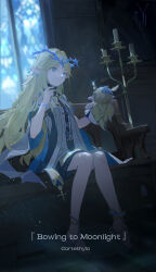  1girl absurdres black_dress blonde_hair blue_hair braid candle candlestand cartethyia_(wuthering_waves) chair character_name commentary_request crown_of_thorns dress dutch_angle earrings english_text full_body hand_puppet hand_up highres indoors jewelry light_particles long_hair long_pointy_ears looking_at_object moonlight multiple_earrings pointy_ears puppet shoes sitting solo stained_glass tabard tacet_mark_(wuthering_waves) teardrop_earrings white_shoes white_tabard wuthering_waves yuu-zy 
